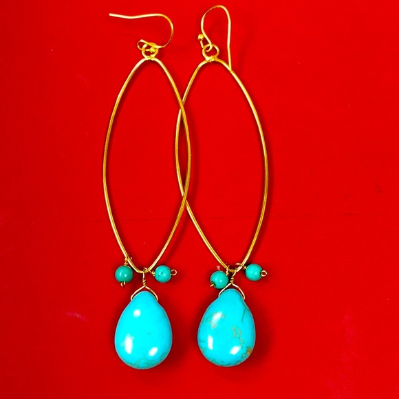 18K GP Turquoise Long Drop Earrings Never Used
